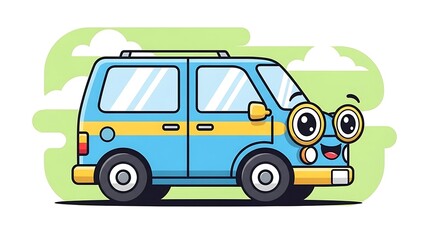 Blue Cartoon Minivan with Character Design.