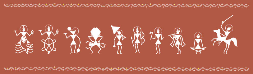 Set of ten avatars of Hindu god Vishnu in traditional Warli art style, Dashavatara collection: Matsya, Kurma, Varaha, Narasimha, Vamana, Rama, Parashurama, Krishna, Buddha, Kalki. 