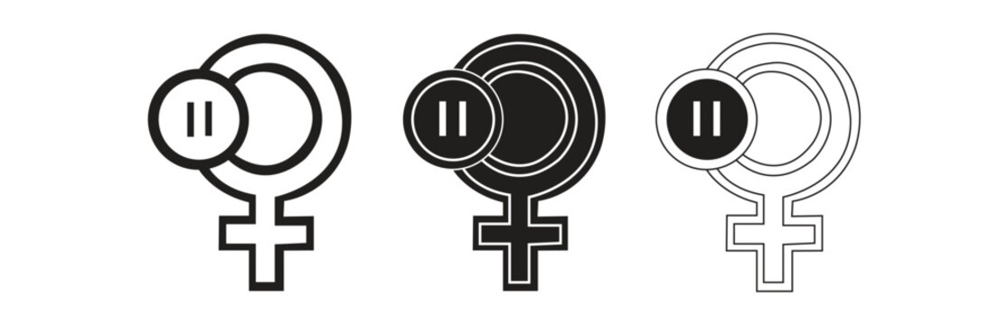 Female gender symbol with a pause button icon, representing women's pause or temporary interruption of activities, isolated on transparent background, vector art for diverse applications.