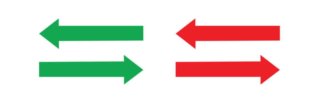 Set of two green and two red arrows pointing left and right respectively, isolated on a white background, representing direction, movement, and choices in a clean, graphic style.