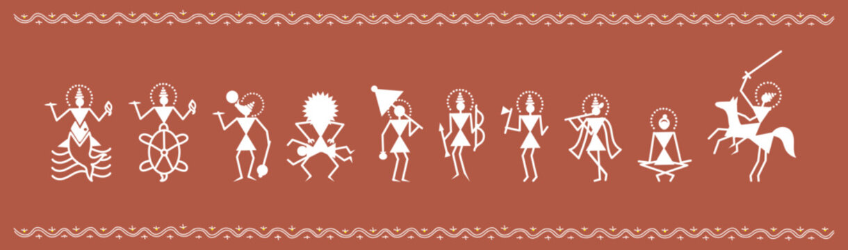 Set of ten avatars of Hindu god Vishnu in traditional Warli art style, Dashavatara collection: Matsya, Kurma, Varaha, Narasimha, Vamana, Rama, Parashurama, Krishna, Buddha, Kalki. 