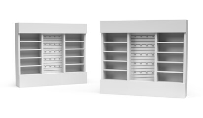 Fototapeta premium Supermarket Promotional Display Rack, PDQ Display. Slat wall retail display filled with multiple hooks. Point Of Sale. Product Presentation Unique Style Floor Stand Display. 3D Render Illustration.