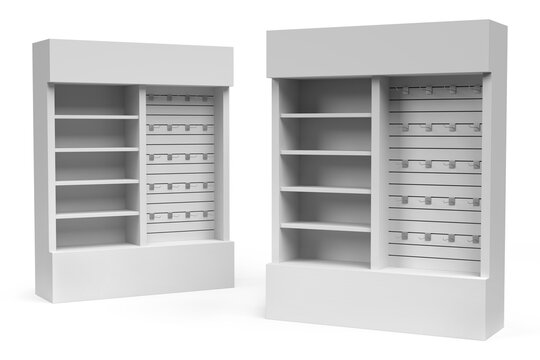 Supermarket Promotional Display Rack, PDQ Display. Slat wall retail display filled with multiple hooks. Point Of Sale. Product Presentation Unique Style Floor Stand Display. 3D Render Illustration.