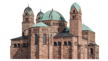Brown stone building with green domes architecture isolated on a transparent background