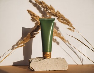 Elegant Still Life Green Tube Mockup on Stone Block with Plants