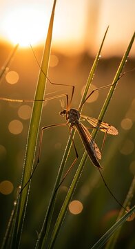 Giant Crane Fly Resting on Dewy Grass Blades at Golden Sunrise