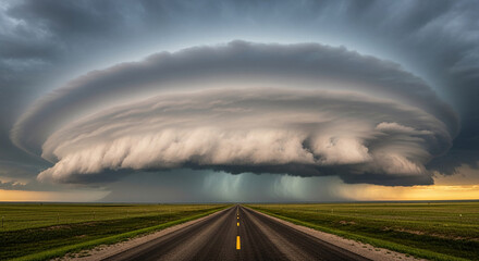Imposing shelf cloud over flat grassland, road leading to it.  Dramatic weather phenomenon image, showcasing nature's power and scale