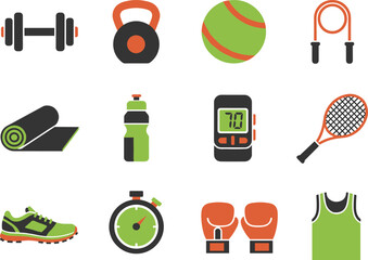 Comprehensive fitness and gym equipment icon set featuring dumbbells kettlebells yoga mat boxing gloves and health tracking devices for sport