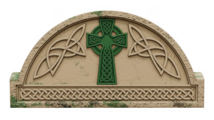 Celtic cross on a stone monument green beige isolated on a transparent background