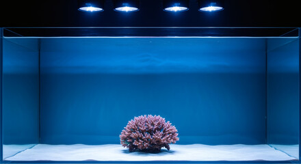 Illuminated aquarium with a coral piece placed on sand. Overhead lights shine with a blue-hue setting