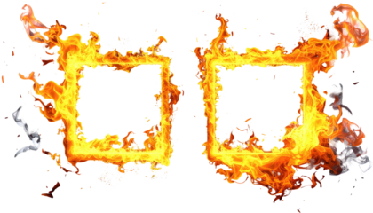 Two square flame frames on a black background. Glowing fire borders with a smoke-like effect. Isolated design element