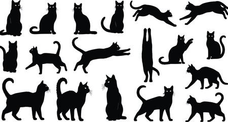 Large set of black cat silhouettes, domestic feline pets in various active poses like jumping, walking, sitting, and stretching, isolated vector illustration icons (23 words) © Moklesur