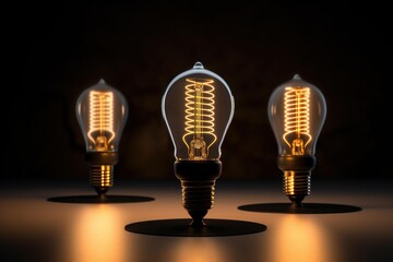 Three glowing vintage style edison light bulbs illuminating a dark space