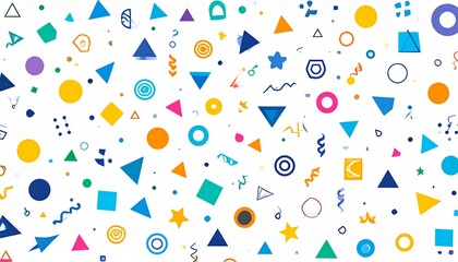 A vibrant and playful background pattern composed of various colorful geometric shapes and confetti elements scattered across a white backdrop.