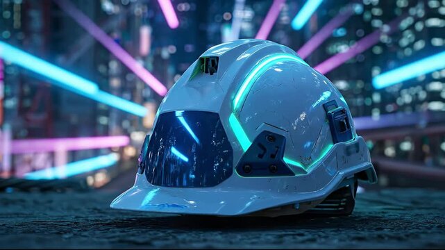 Futuristic white hard hat with glowing neon lights on ground in cyberpunk city night