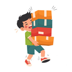 Little Boy Struggling to Carry a Stack of Heavy Boxes