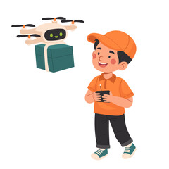Young Boy Using Remote Control to Operate Delivery Drone