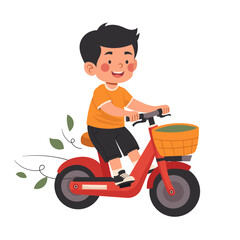 Happy Little Boy Riding a Red Bicycle Cartoon Illustration