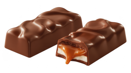 Chocolate candy bars with caramel filling sweets dessert isolated on a transparent background