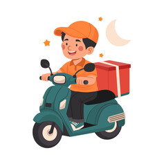 Express Delivery Courier Riding Scooter at Night Illustration