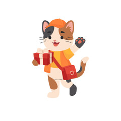 Cute Cartoon Calico Cat Delivery Courier Mascot with Gift Box