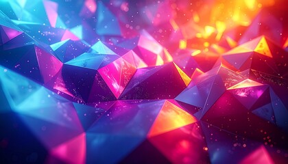 Abstract background of glowing geometric crystals in vibrant neon colors, representing digital art and futuristic design.