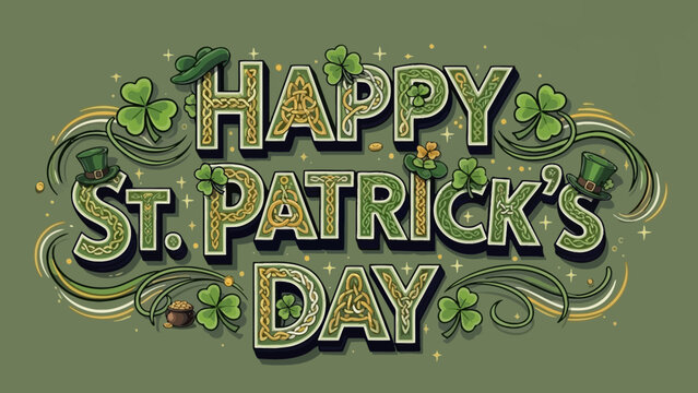 Festive happy st patrick s day graphic with shamrocks hats and ornate golden lettering