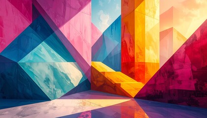 Abstract geometric shapes with vibrant colors and light reflections, creating a modern and artistic architectural space.