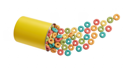 Colorful cereal rings spilling from yellow container on black isolated on a transparent background