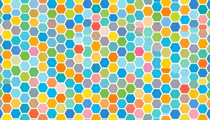 A vibrant and colorful abstract background composed of a repeating pattern of small hexagons in various bright colors.