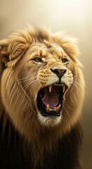 Fototapeta premium Close-up of roaring lion, tawny mane, sharp teeth, intense gaze. Represents power, strength, wild nature.