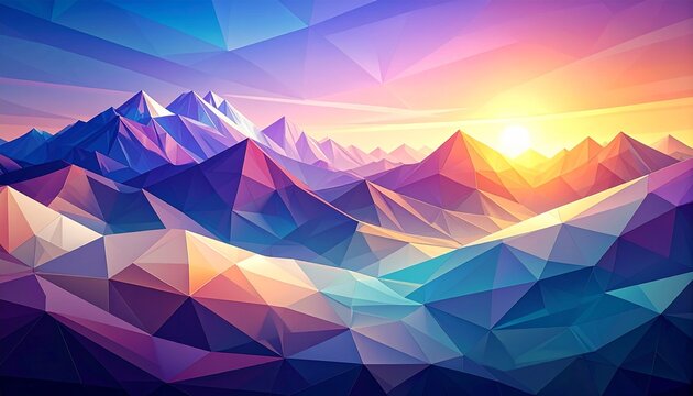 Abstract geometric mountain range at sunrise with vibrant colors and low poly style.