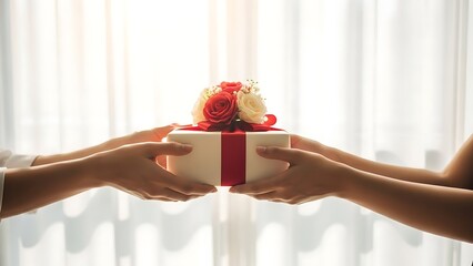 Beautiful gift box with red and white roses being exchanged