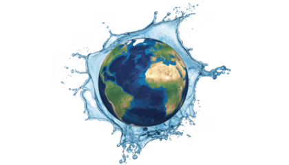 Earth globe with water splash effect planet isolated on a transparent background
