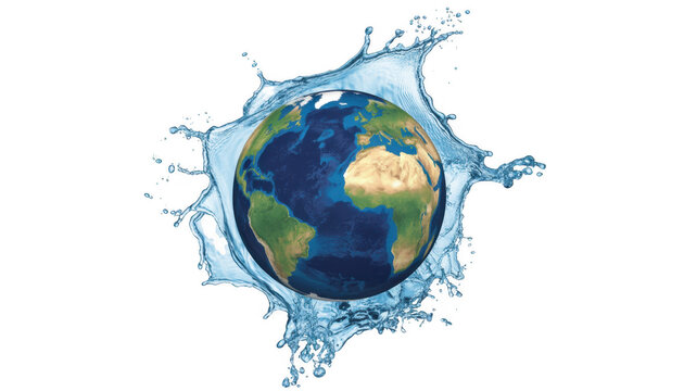 Earth globe with water splash effect planet isolated on a transparent background