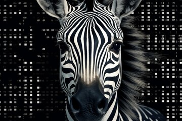 Zebra face with black and white stripes integrating into a background of hexadecimal numbers