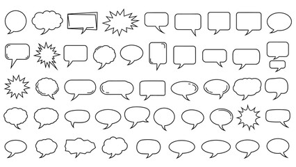 Collection of diverse black and white speech bubbles and thought balloons in various shapes