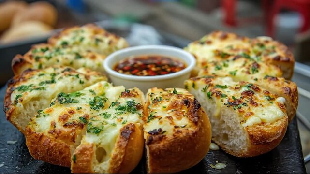 Delicious circular cheesy garlic bread with fresh herb topping and central chili dipping sauce bowl on dark platter