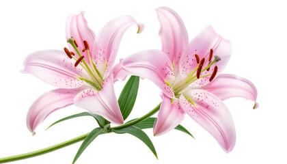 Fototapeta premium Two pink lilies with green leaves and stems against a transparent background, showcasing delicate petals and stamen