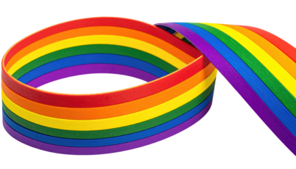 A vibrant, spiraling ribbon featuring the spectrum of colors from red to violet, representing a symbol of inclusivity. The ribbon is rendered with soft gradients against a black background