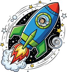 Fototapeta premium Cartoon rocket ship, smiling astronaut, colorful space scene, vibrant cosmic art, educational design, playful illustration, children’s theme, adventure concept
