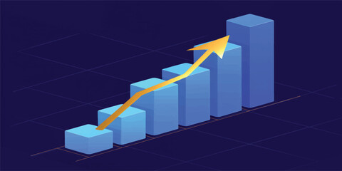 A 3D business financial graph with a green arrow shows market growth and stock success on a black background as bar chart data reports a vector illustration of increasing sales profit