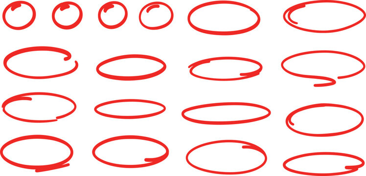 Hand drawn red circle highlight marks set vector illustration isolated on white background for emphasis annotation design