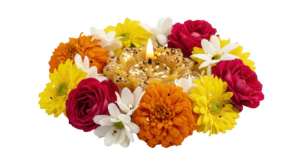 Lit yellow flower shaped candle surrounded by colorful assorted flowers on png isolated transparent background black background
