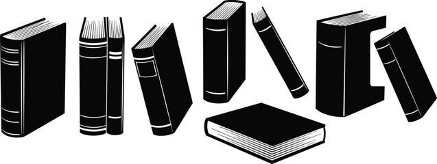 Stylized book illustrations, black white vector, upright closed books, leaning layout, spine detail, minimalist design, educational theme, literary concept © Habiba