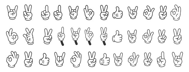 Naklejka premium Retro Cartoon Hand Gestures Mega Set, Classic Comic Book Style Hands, Thumbs Up, Peace, OK, and Rock Sign Icons, Black and White Vector.