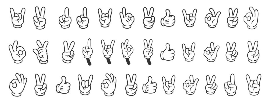 Retro Cartoon Hand Gestures Mega Set, Classic Comic Book Style Hands, Thumbs Up, Peace, OK, and Rock Sign Icons, Black and White Vector.