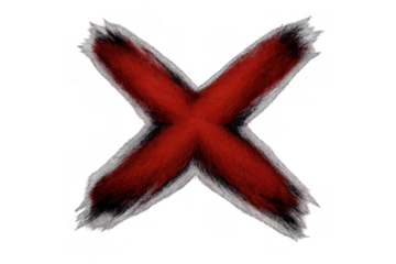 Red fluffy cross mark rejecting problem, denying error, or showing negative result on transparent background