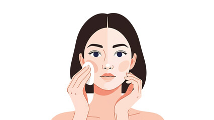 A woman is depicted using a cotton pad on her face. Her skin tone is bisected, highlighting a skincare routine. It is a visual representation of self-care © Hasrat