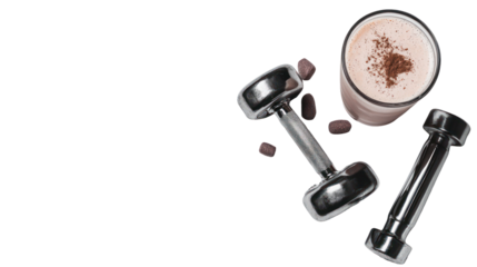 Composition with Metal Dumbbell and Protein Shake on White Background
